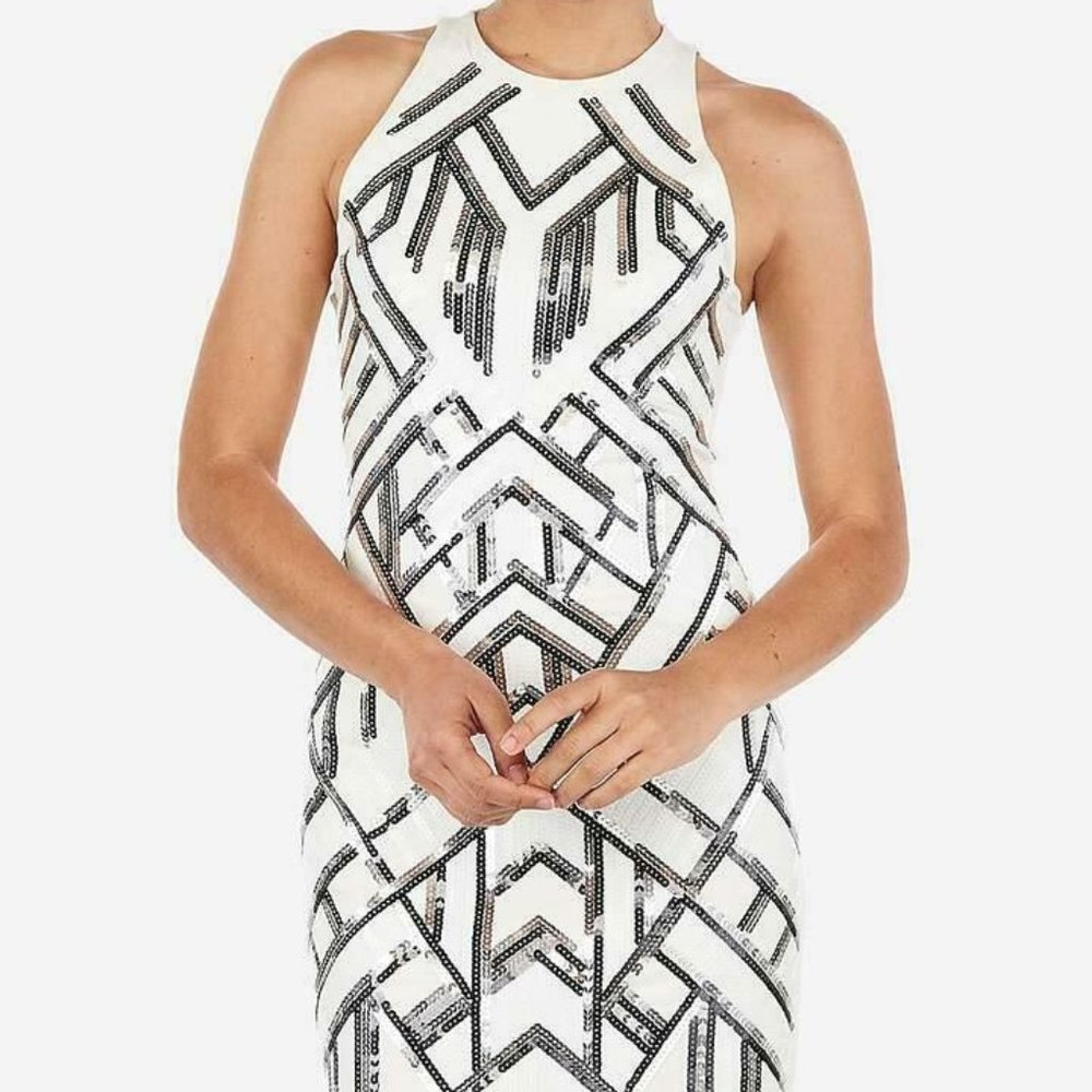 EXPRESS DECO WHITE SILVER SEQUIN STRETCH DRESS